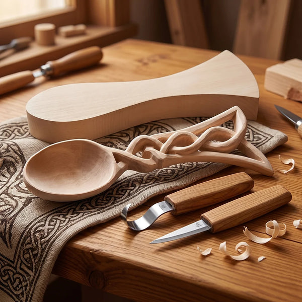 Celtic Deko-Set – Keltisches Löffelschnitz-Set + Zusätzlicher Löffelschnitzrohling – BDIY04_BW
