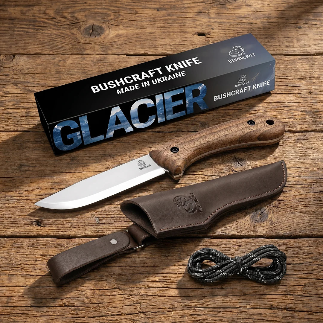 Couteau Bushcraft en acier au carbone Manche en noyer avec étui en cuir – BSH2 Glacier