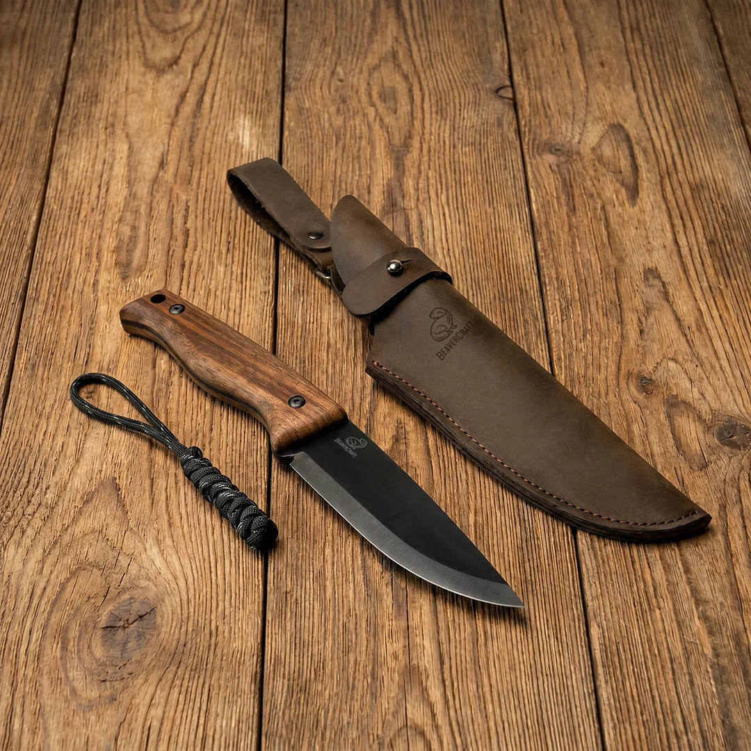Couteau Bushcraft à lame fixe en acier au carbone Manche en noyer avec étui en cuir – BSH3 Nightfall