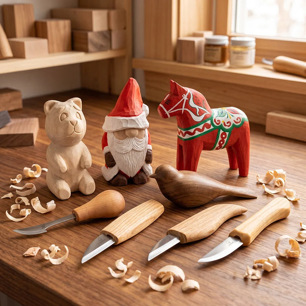 Ultimatives DIY-Kinderpaket – Komplettes Holzschnitzset mit Weihnachtsmann, Glücksvogel, Bär & Dala-Pferd – BDIY01_02_05_06