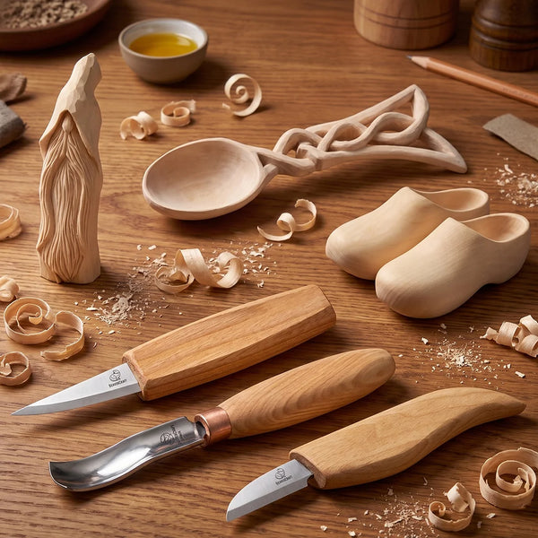 Wizard's Choice – Komplettes Holzschnitz-Set mit Zauberer, keltischem Löffel & Holzschuhen – BDIY03_04_10