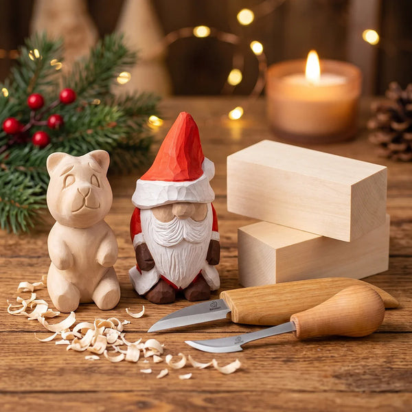 Winter Workshop – Komplettes Holzschnitzset mit Weihnachtsmann & Bär – BDIY06_05_BW