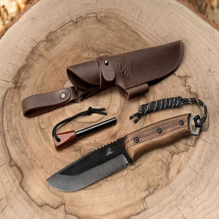 Couteau Bushcraft en Acier au Carbone avec Bâton de Feu et Étui en Cuir – BSH4_F Dusk