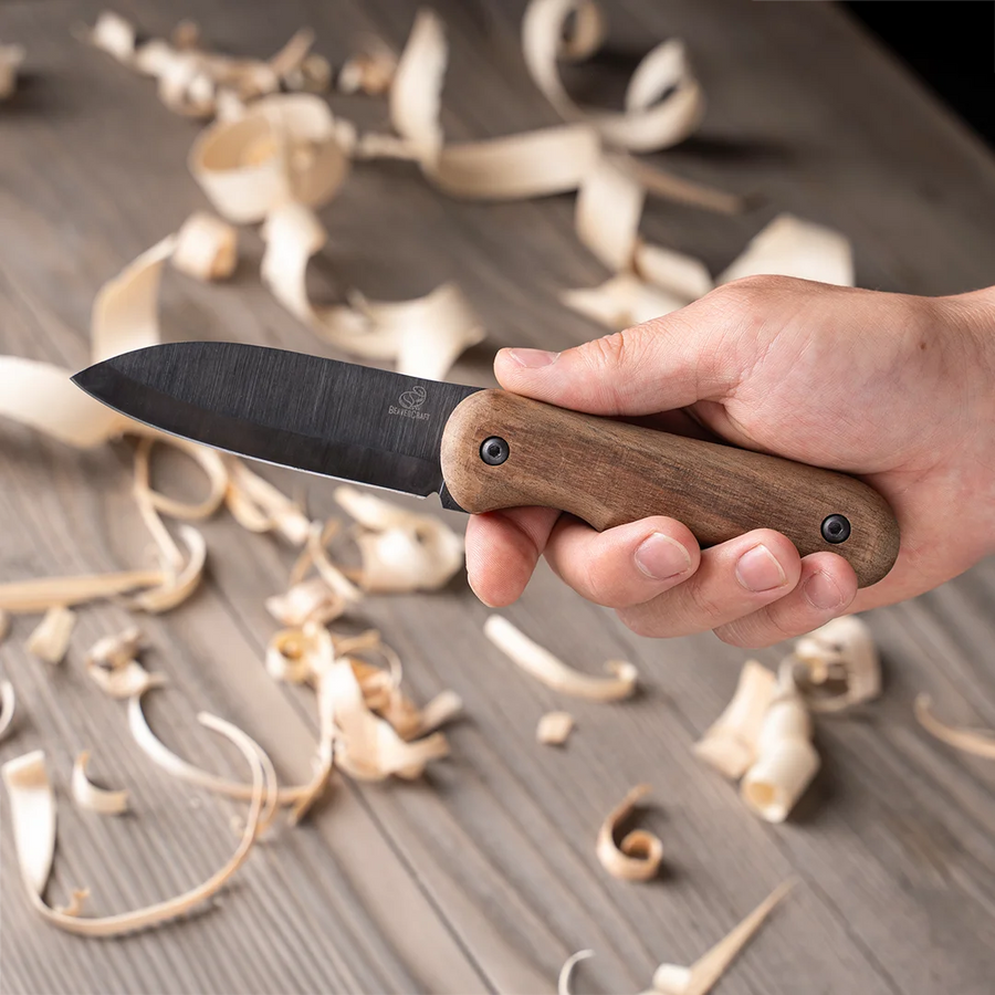 Couteau Bushcraft compact en acier au carbone Manche en noyer avec étui en cuir – BSH5 Shadow