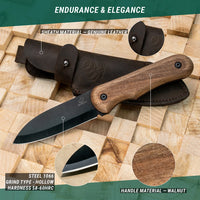 Couteau Bushcraft compact en acier au carbone Manche en noyer avec étui en cuir – BSH5 Shadow