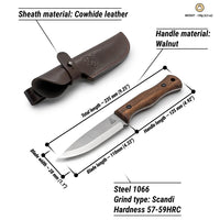 Couteau Bushcraft en Acier au Carbone Manche en Noyer avec Étui en Cuir – BSH6 Breeze