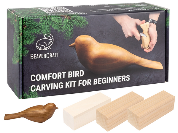 Doppeltes Vogel-Schnitzset – Komfort-Vogel-Schnitzset + zusätzlicher Kirschholzblock – BDIY01_BW_C
